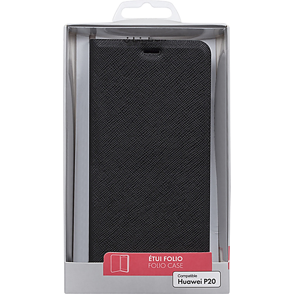 Custodia per telefono in una scatola. La custodia è nera e sulla scatola c'è scritto 'Folio Case'.
