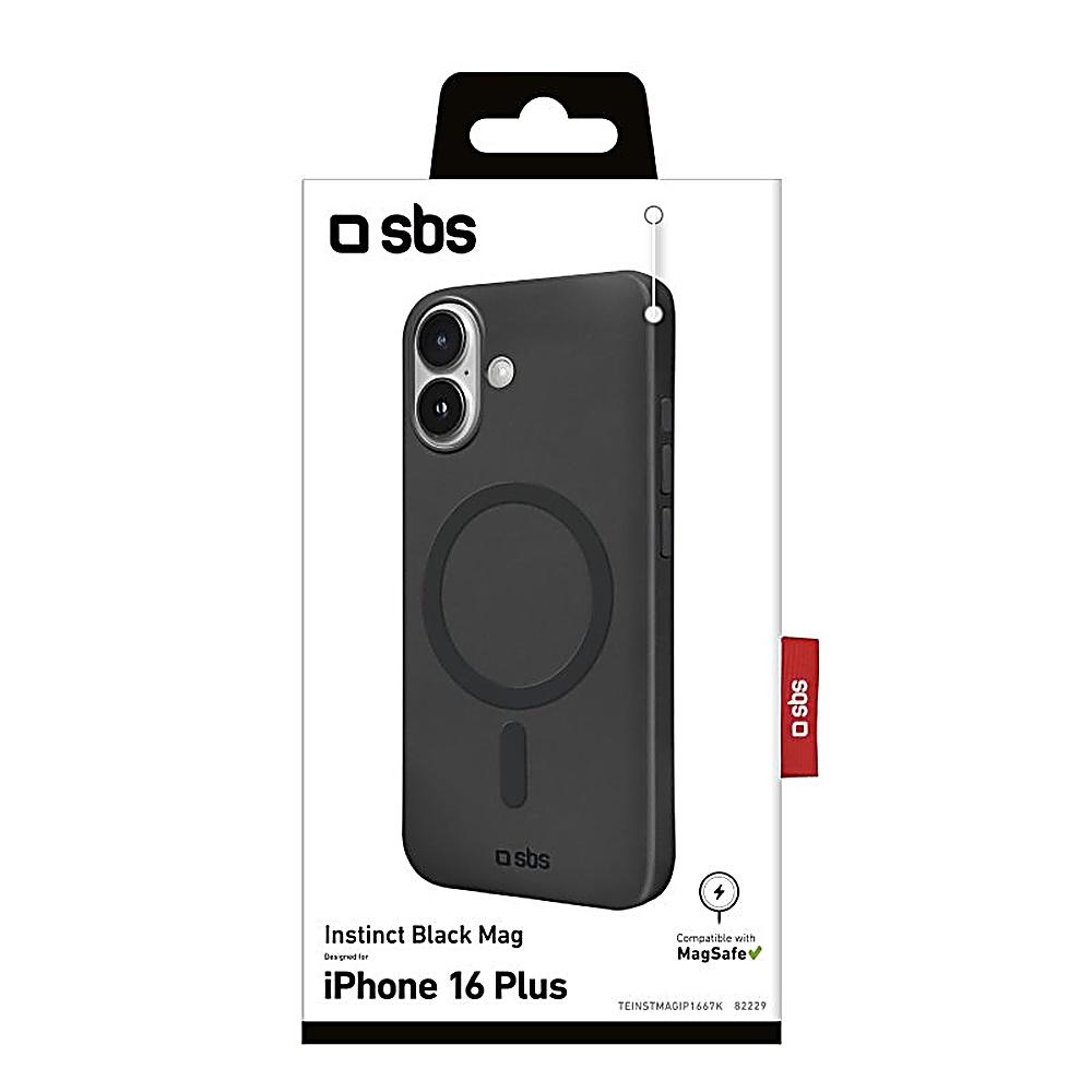 Custodia nera per iPhone in confezione. La custodia ha un cerchio magnetico. Sfondo bianco.