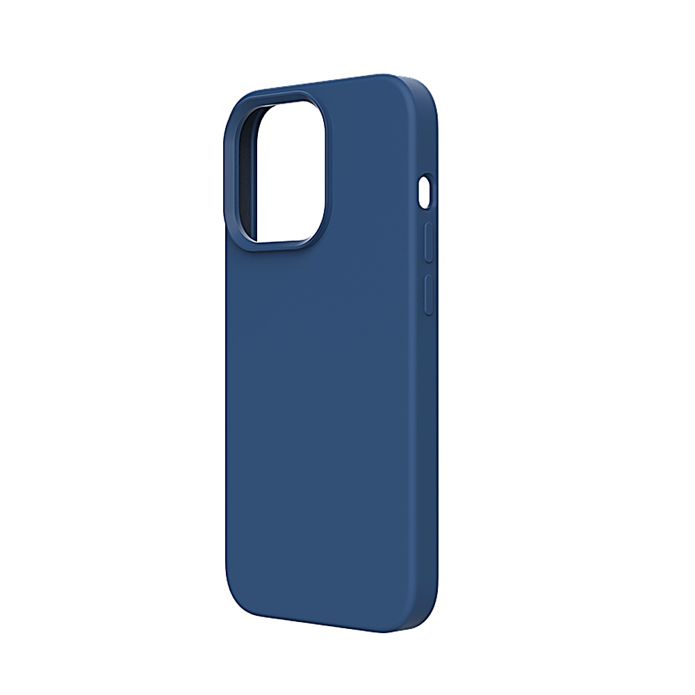 Blaue iPhone-Hülle. Sie ist einfarbig blau und hat Aussparungen für Kamera und Knöpfe.