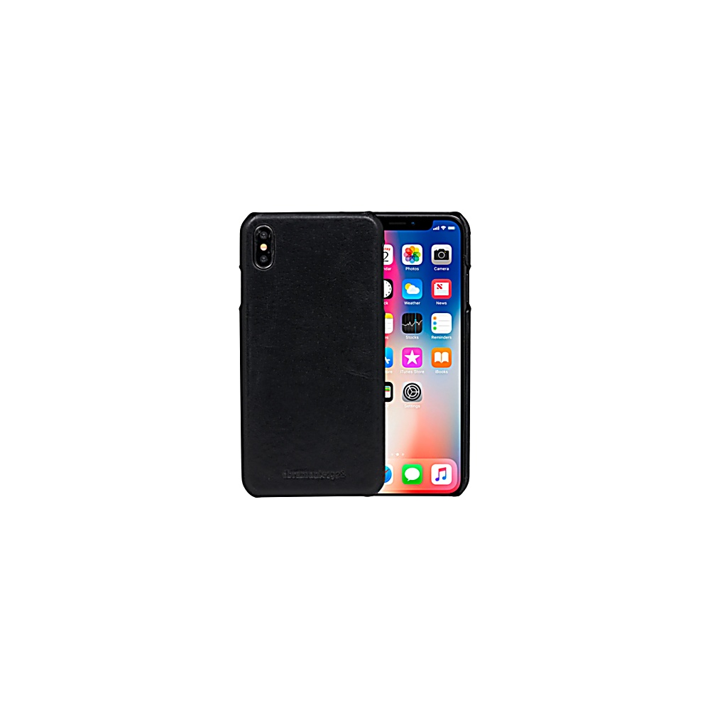 Custodia per telefono nera, con un telefono dentro. Lo sfondo è bianco.