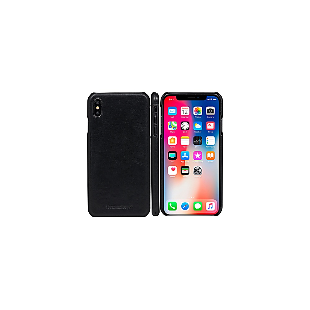 Custodia per telefono nera con un telefono dentro. Lo sfondo è bianco.