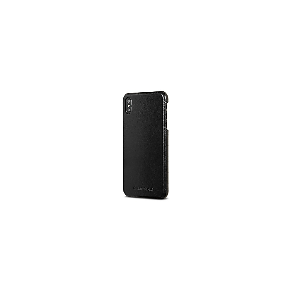 Custodia nera per telefono. Il retro della custodia è visibile. Sfondo bianco.