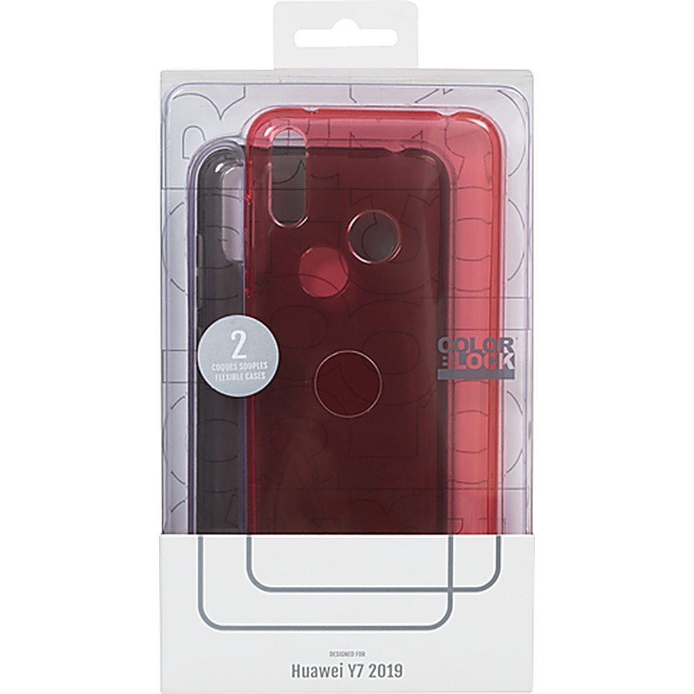 Una custodia per telefono in una scatola. È trasparente con una custodia rossa all'interno. La scatola ha l'etichetta Huawei Y7 2019.