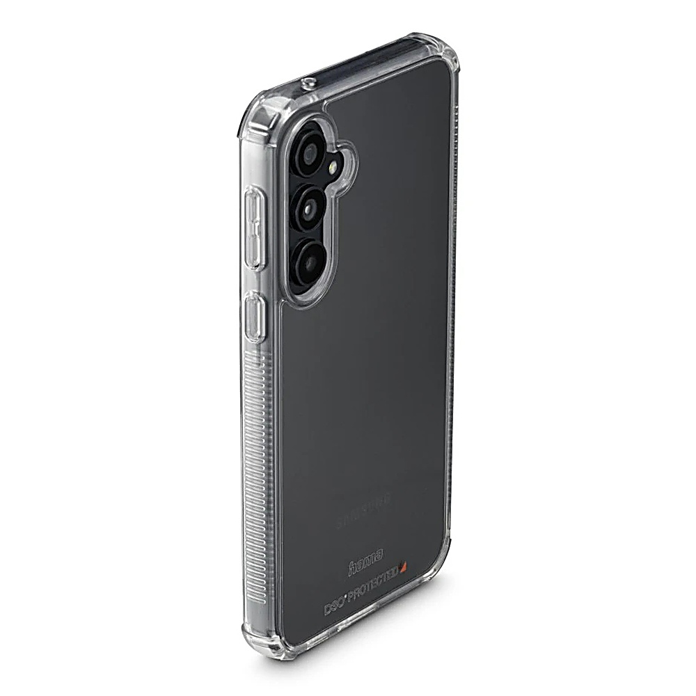 Custodia trasparente per telefono su un Samsung. Ha ritagli per fotocamera e copri pulsanti.