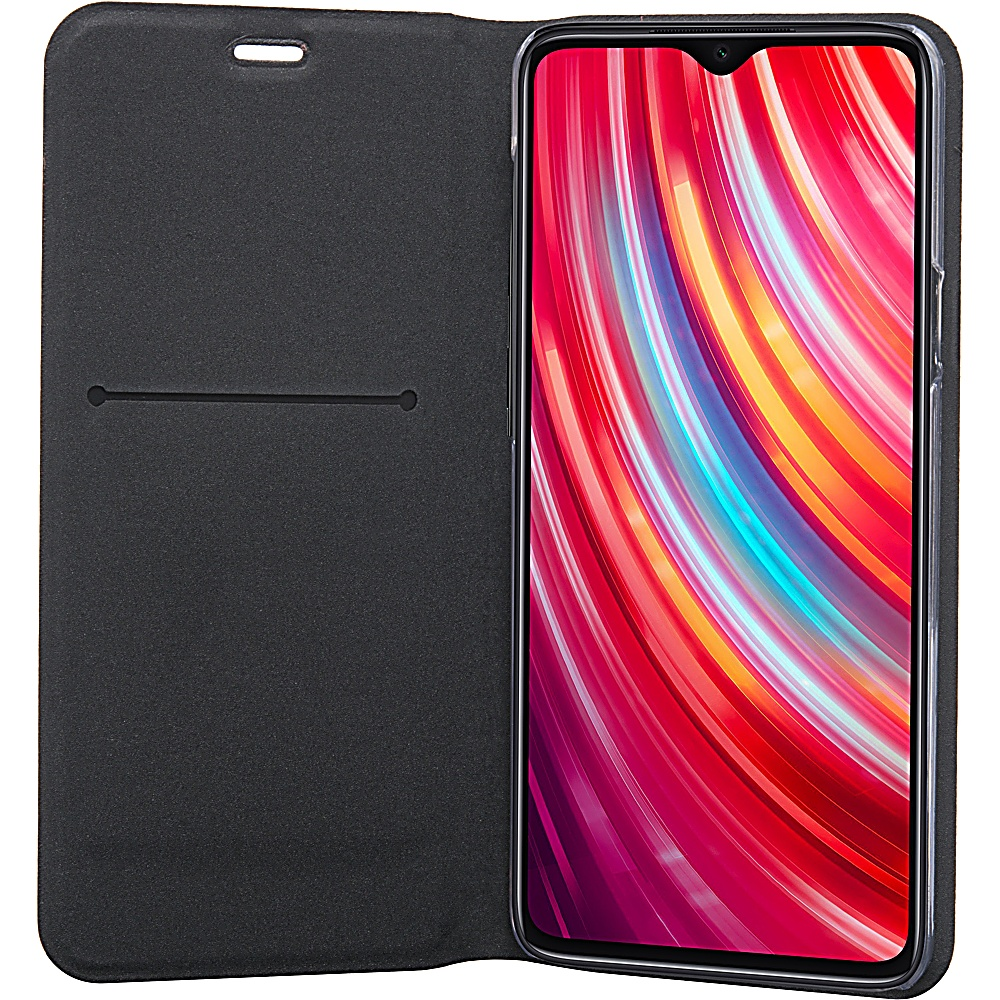 Custodia per telefono nera, aperta, che rivela lo schermo del telefono con un design astratto colorato.