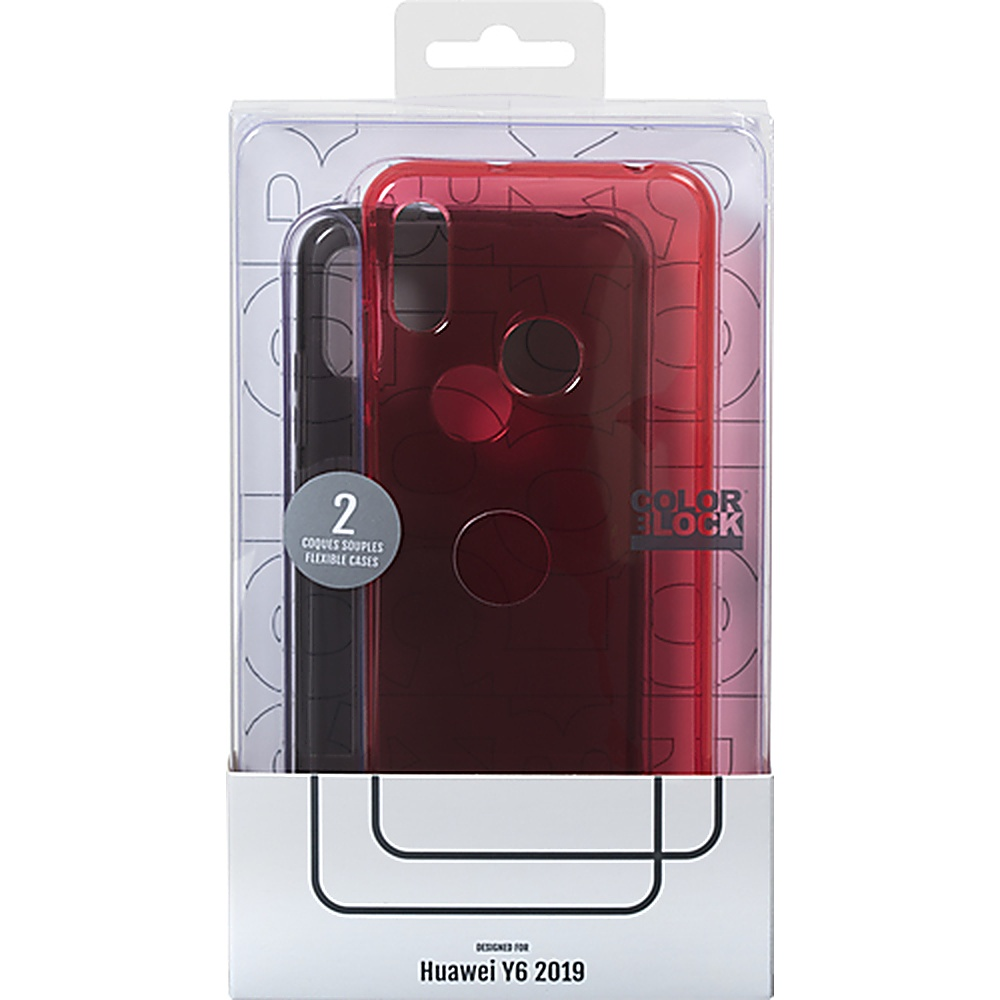 Confezione di plastica trasparente contenente una custodia per telefono rossa e uno stilo nero.