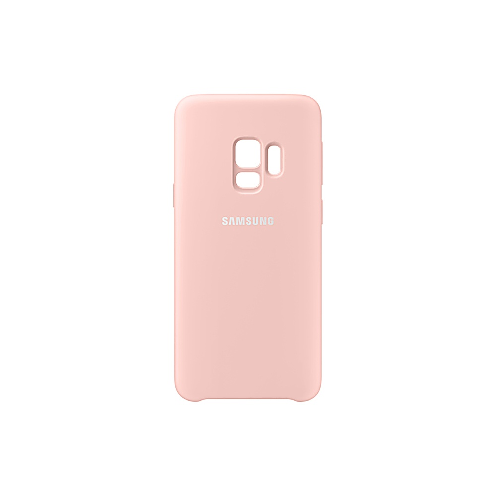 Custodia per telefono rosa con logo Samsung e fori per fotocamera e pulsanti.