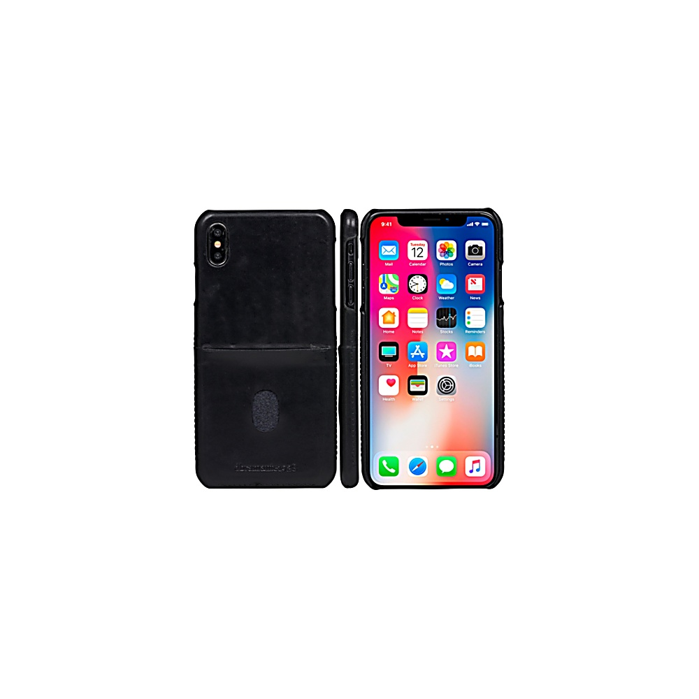 Custodia nera per telefono con un iPhone. Il telefono mostra le icone delle app. Sfondo bianco.
