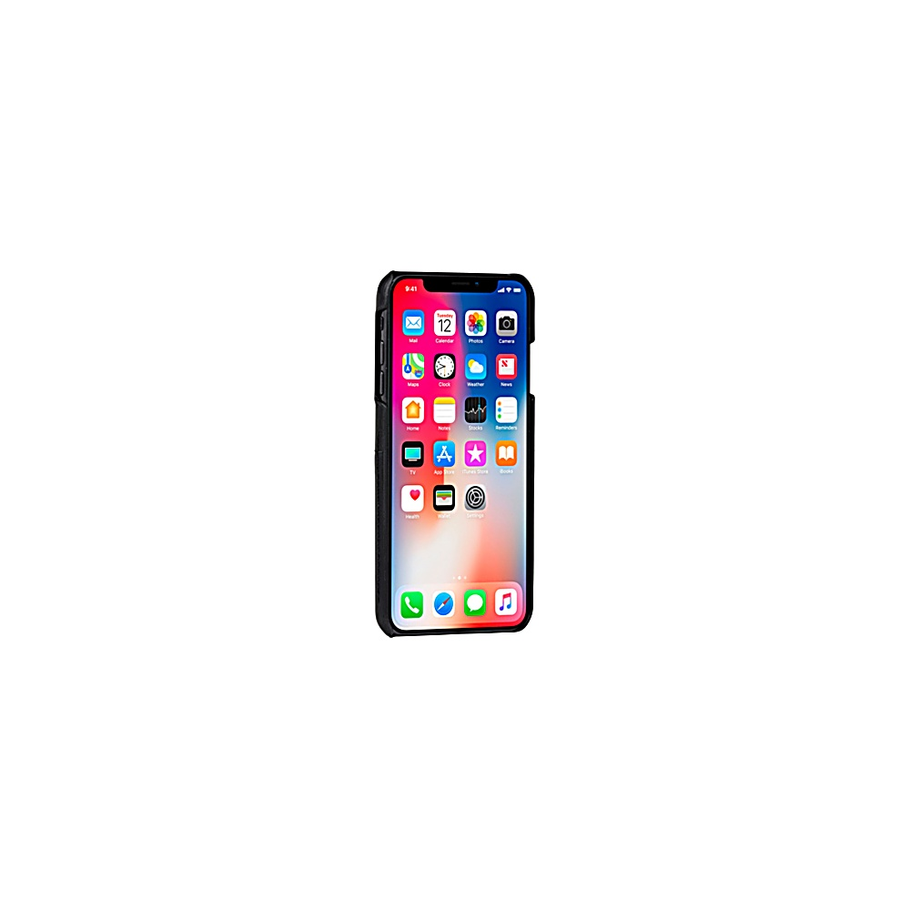 Telefono con display colorato in custodia nera. La custodia è su sfondo bianco.