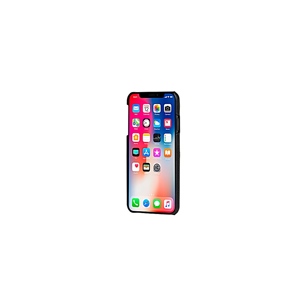 iPhone con custodia nera. Lo schermo mostra le icone delle app. Sfondo bianco.