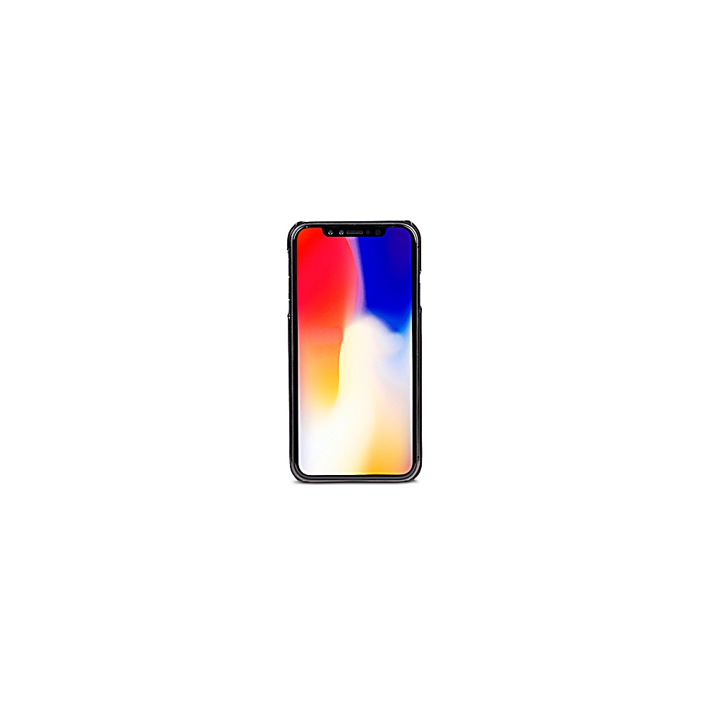 Telefono con display colorato in custodia nera. La custodia è su sfondo bianco.