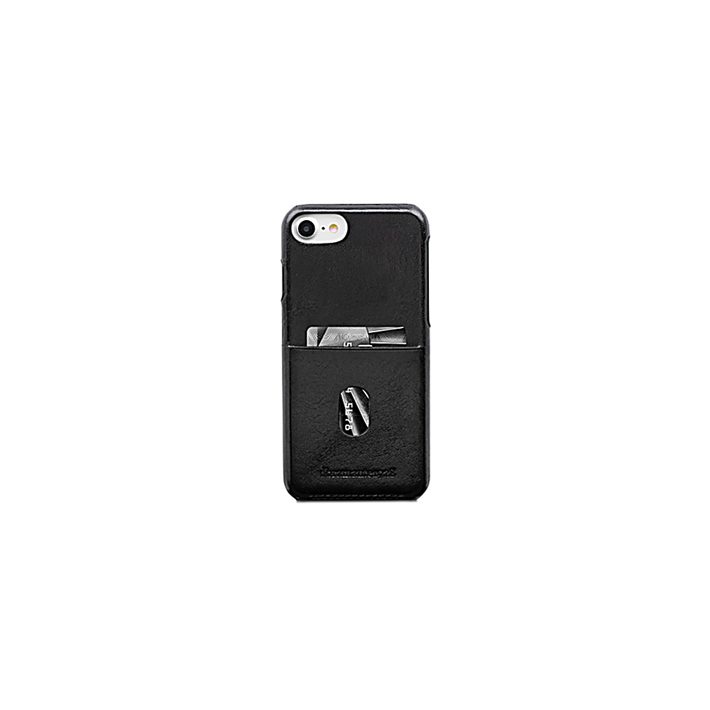 Custodia per telefono in pelle nera con fessura per carte. Sfondo bianco.