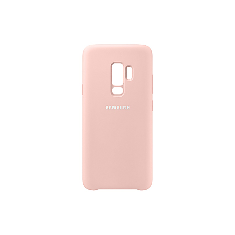 Una custodia per telefono rosa chiaro con aperture per fotocamera e pulsanti. Stampato 'SAMSUNG'.