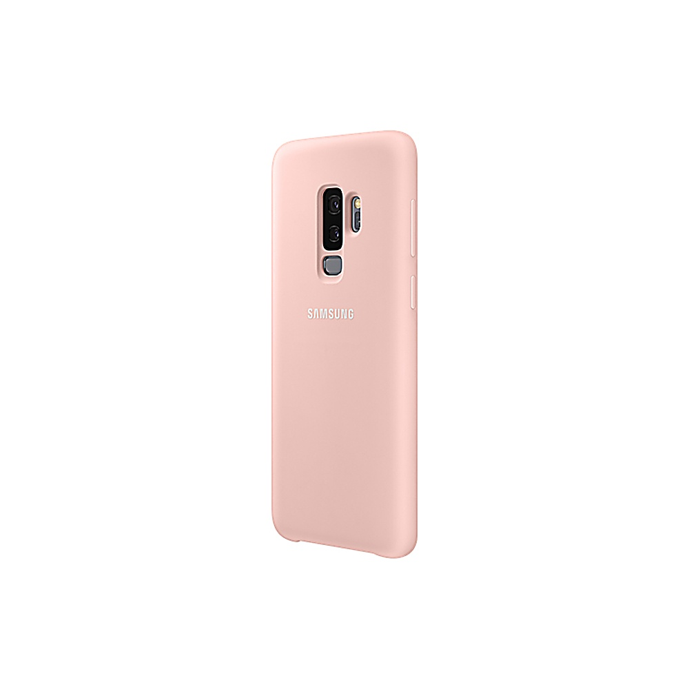 Custodia rosa per telefono in piedi. Il telefono ha tre fotocamere e il nome del marchio.