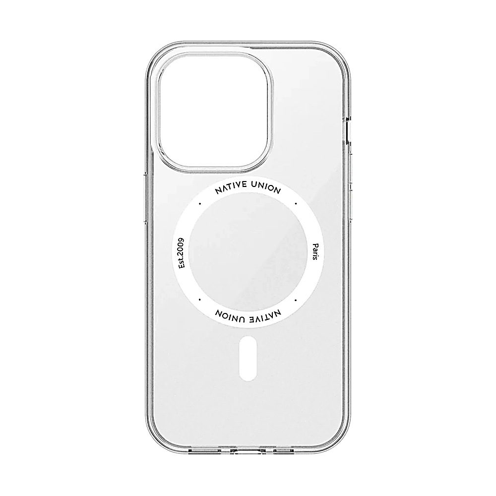 Custodia trasparente per telefono con logo a cerchio bianco e la scritta 'NATIVE UNION'. Il retro della custodia.