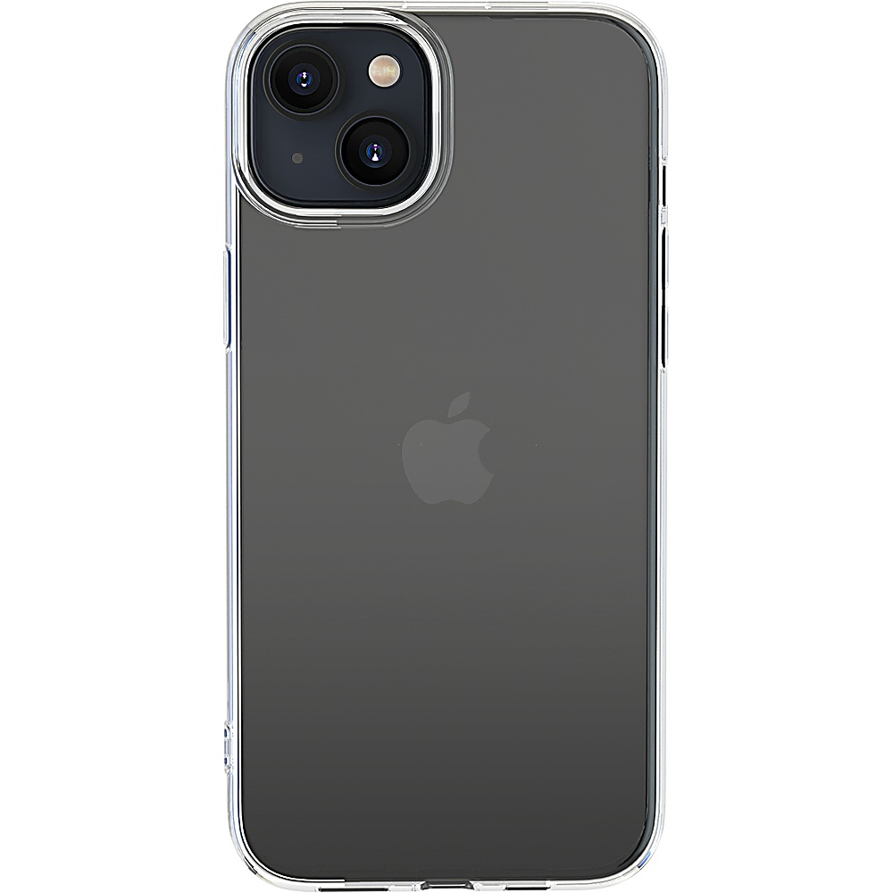 Apple iPhone 13 in una custodia trasparente. La parte posteriore mostra il logo Apple e la doppia fotocamera.