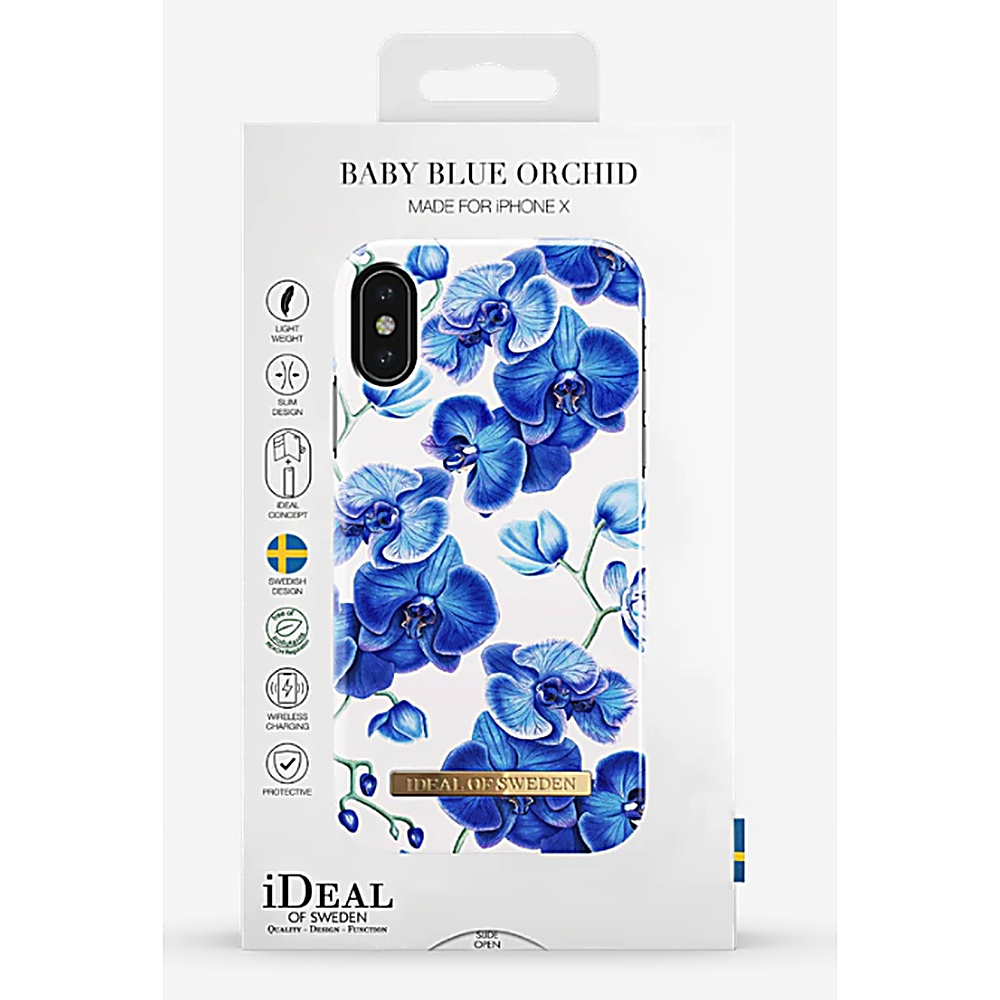 Custodia con design floreale blu, sfondo bianco.