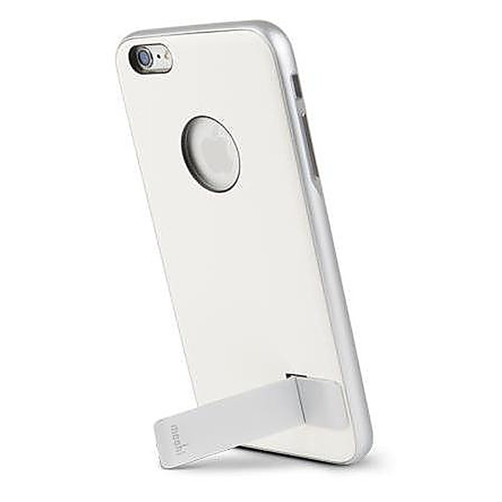 Telefono bianco con supporto. Il retro del telefono è visibile.