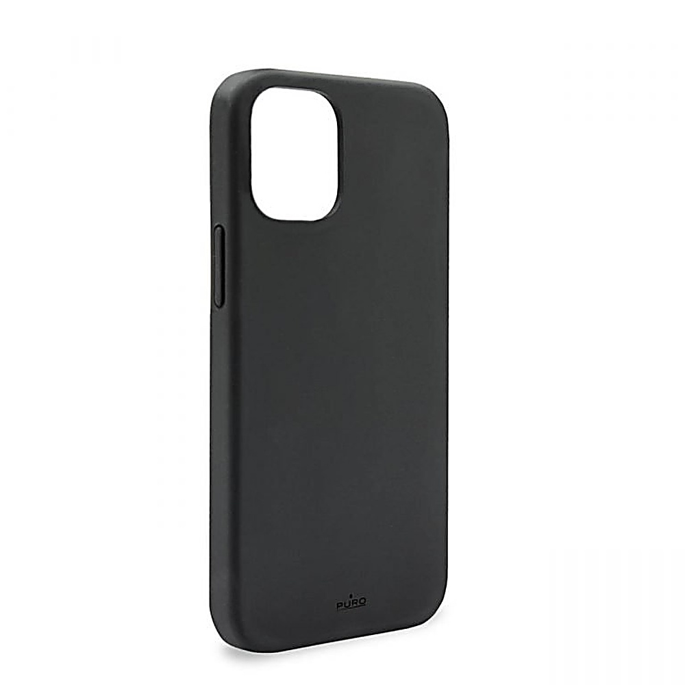 Custodia nera per telefono con ritaglio per fotocamera e logo Puro in basso.