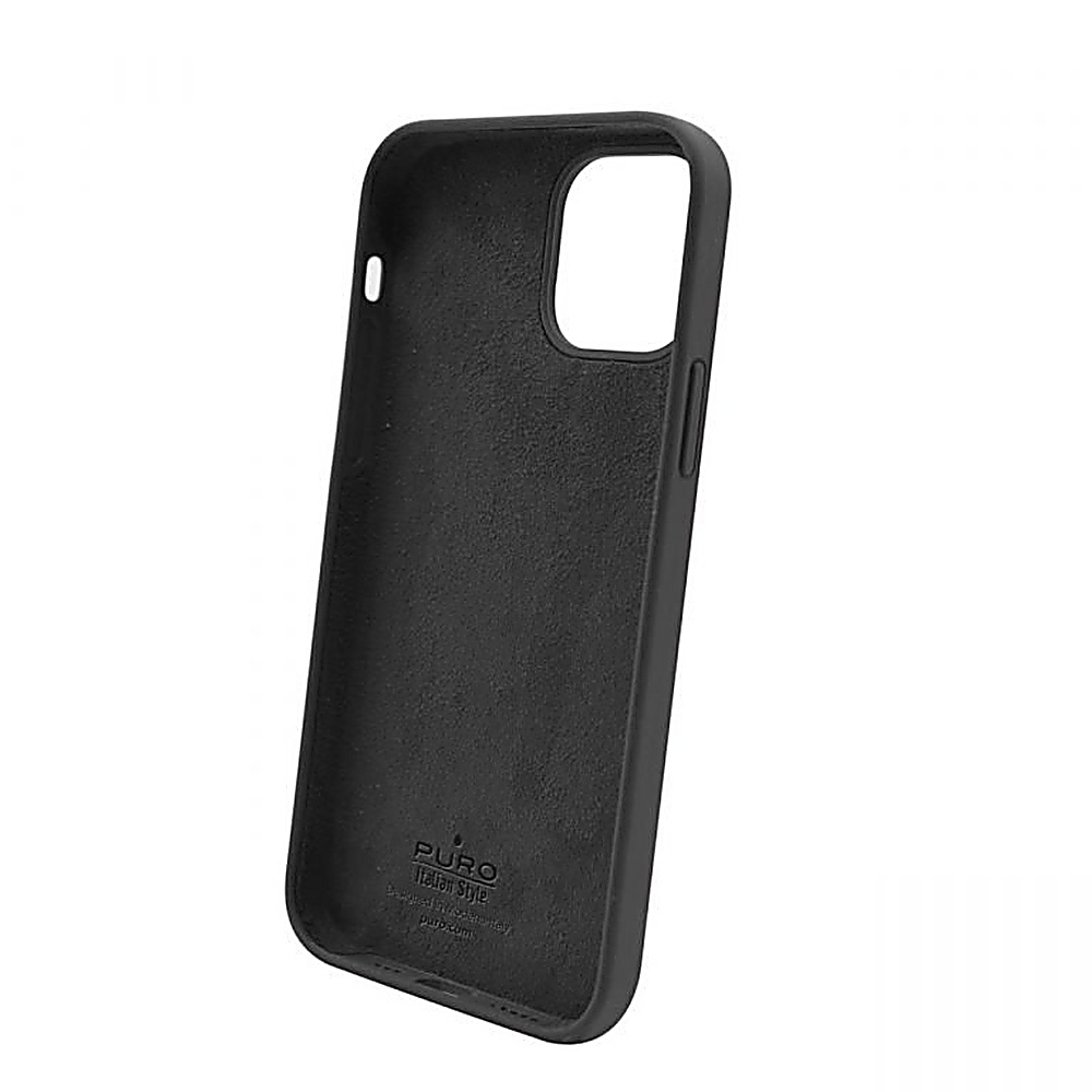 Custodia nera per telefono con testo PURO Italian Style e intagli, su sfondo bianco.