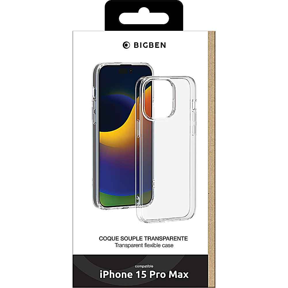 Scatola bianca con telefono e custodia trasparente. Testo: 'COQUE SOUPLE TRANSPARENTE' e 'iPhone 15 Pro Max'.