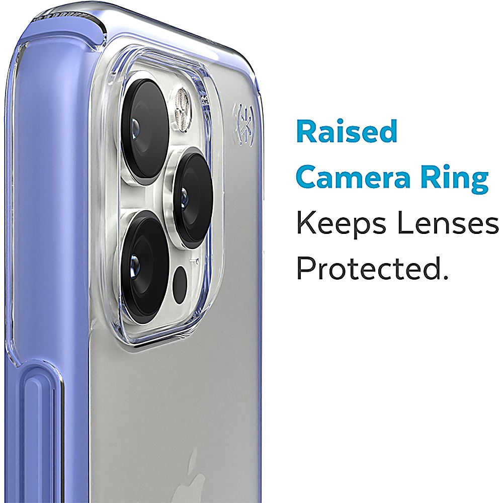 Custodia trasparente con dettagli blu. Testo: Anello fotocamera rialzato protegge le lenti.