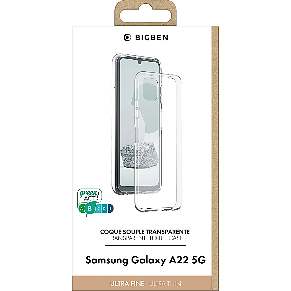 Confezione di custodia per telefono con custodia trasparente. Il testo dice 'Samsung Galaxy A22 5G'.