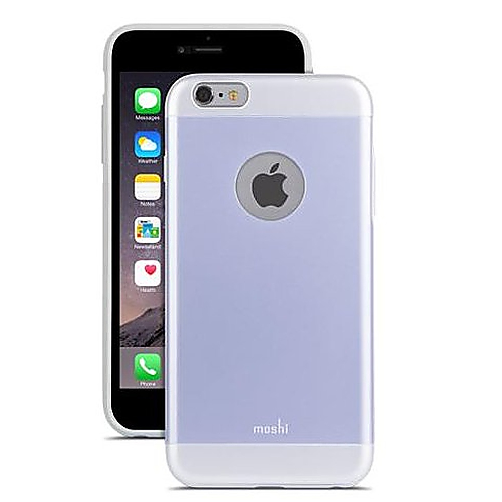 iPhone con custodia protettiva. La custodia è viola e bianca. Logo Apple visibile.