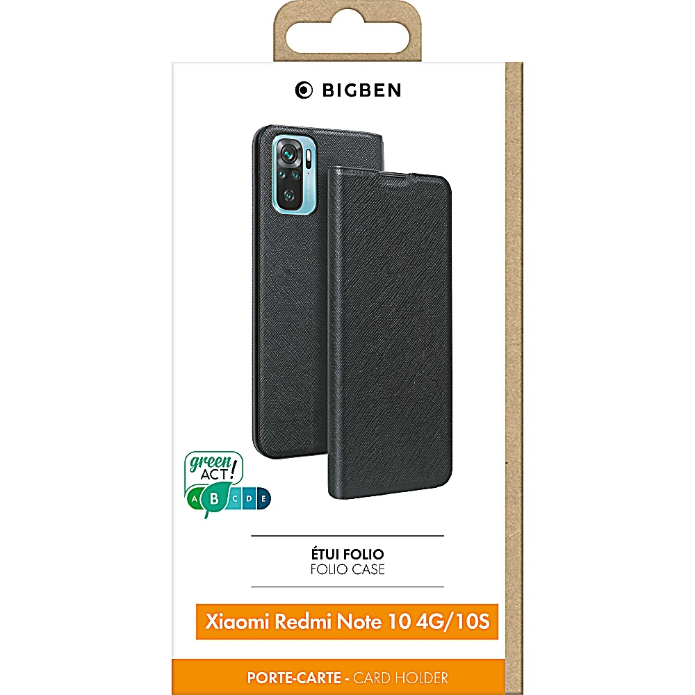 Confezione con custodia per telefono. La custodia è nera e dice 'Xiaomi Redmi Note 10 4G/10S'.