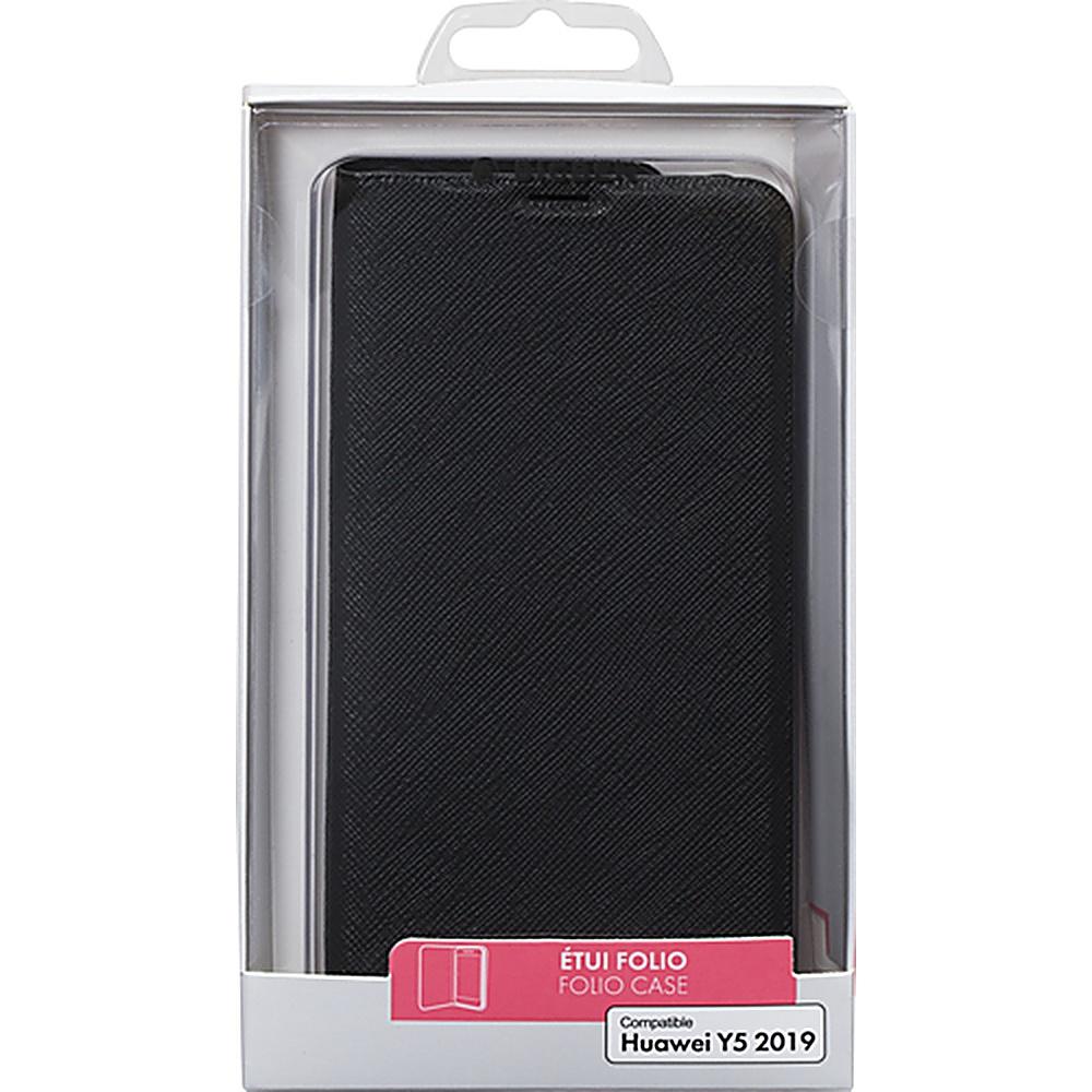 Schwarze Handyhülle in einer durchsichtigen Plastikverpackung mit dem Text 'ETUI FOLIO CASE'.