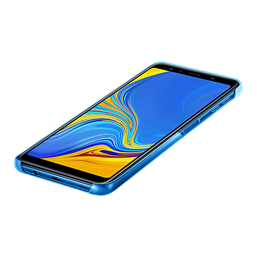 Funda de teléfono azul, el teléfono muestra una pantalla degradada azul y amarilla. El fondo es blanco.