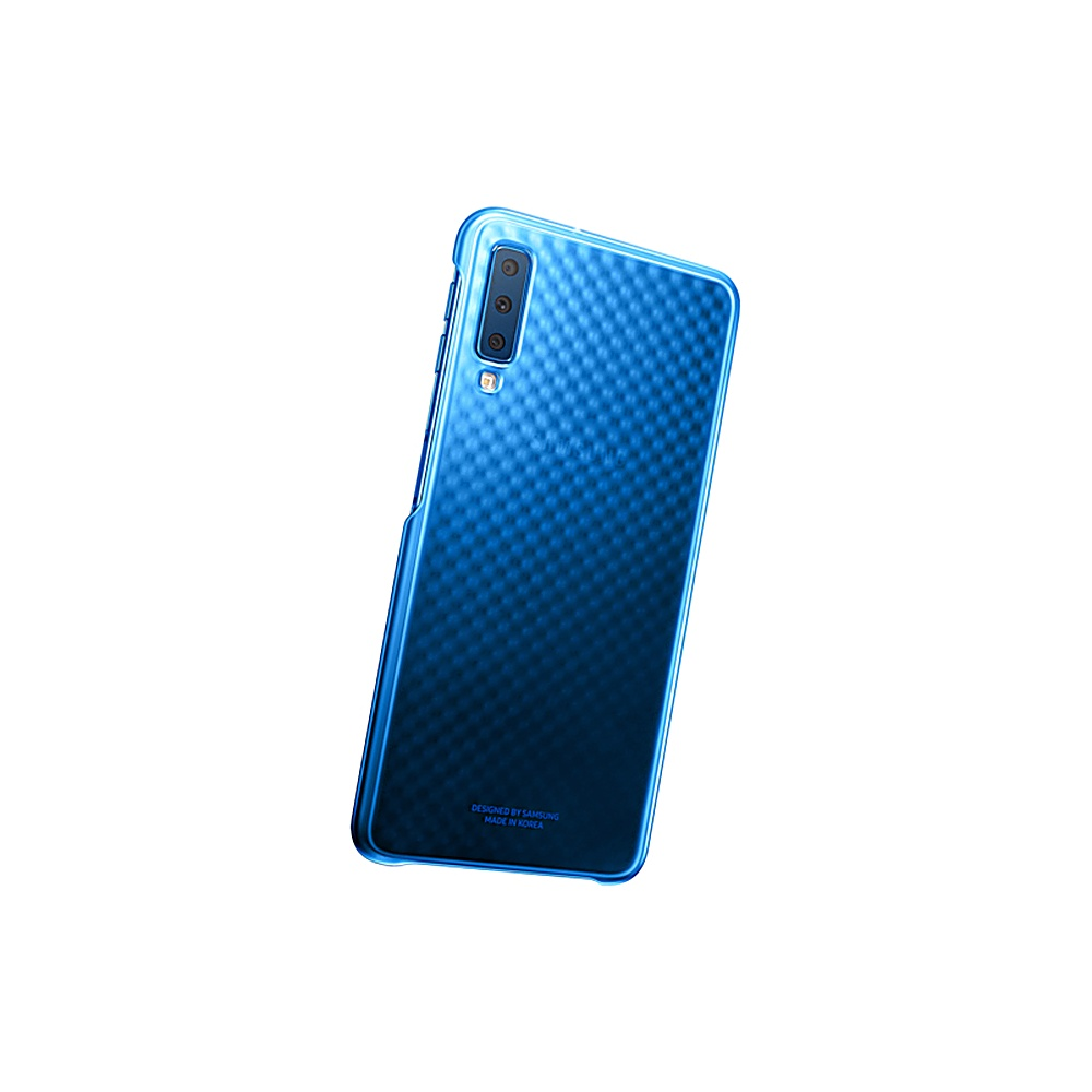 Funda de teléfono azul con un teléfono dentro. El teléfono es azul y tiene una cámara. La funda es transparente.