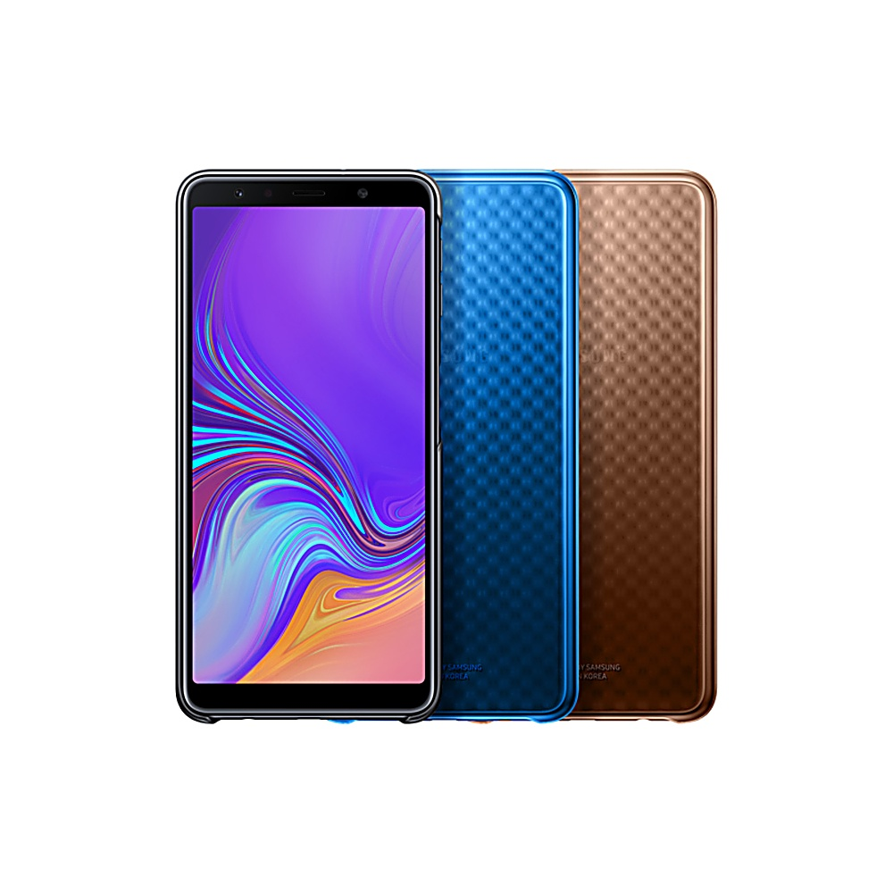 Tres teléfonos, uno muestra una pantalla, los otros dos tienen respaldos texturizados.