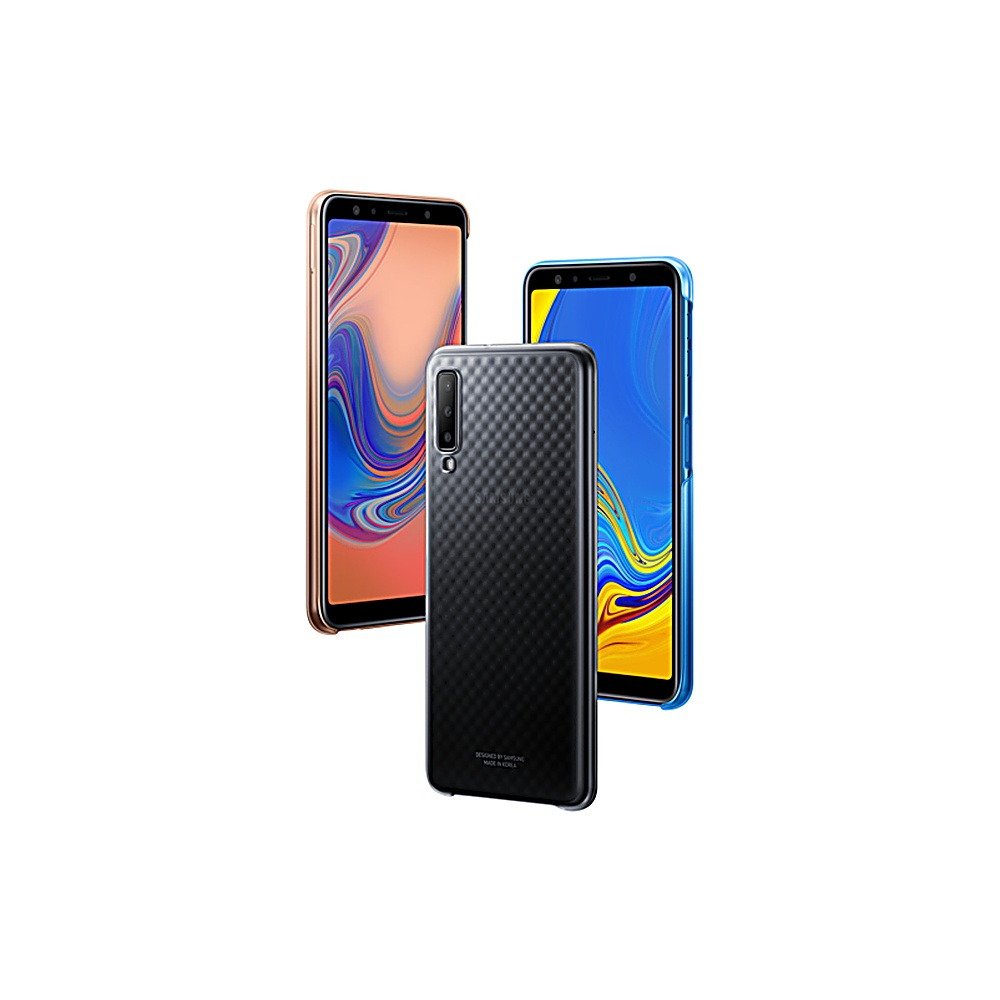 Tres teléfonos sobre fondo blanco. Dos tienen pantallas de colores, uno tiene una funda de fibra de carbono.