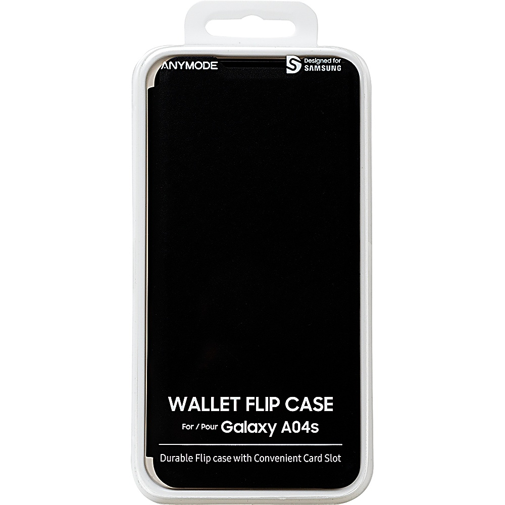 Confezione custodia a portafoglio con immagine del telefono. Custodia nera con fessura per carte.