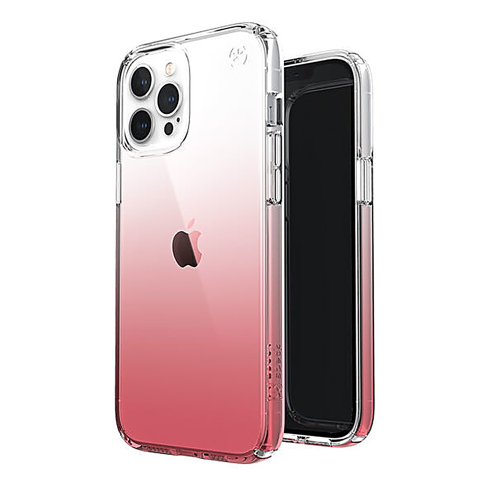Custodia trasparente, con sfumatura da rosso a rosa, logo Apple visibile. Telefono sul lato destro.