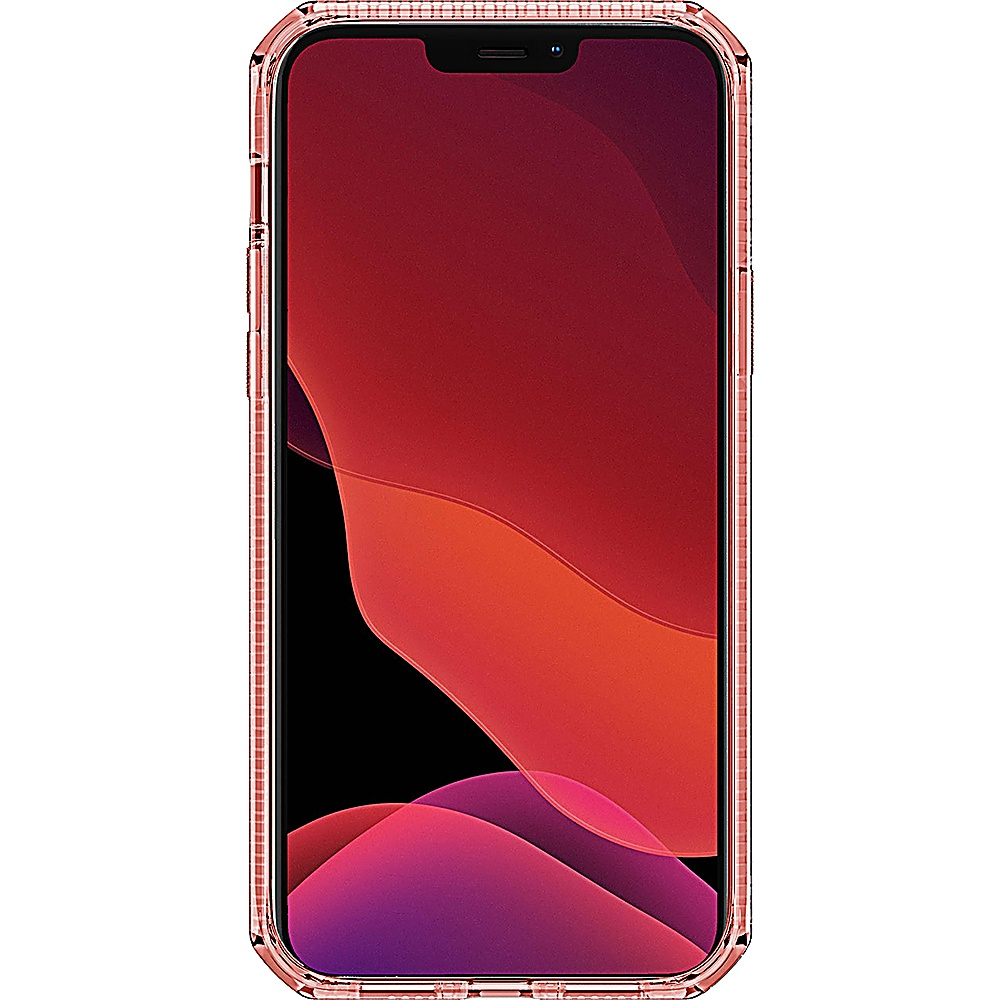 Una custodia per telefono oro rosa con un telefono all'interno, che mostra uno schermo con sfondo rosso scuro.