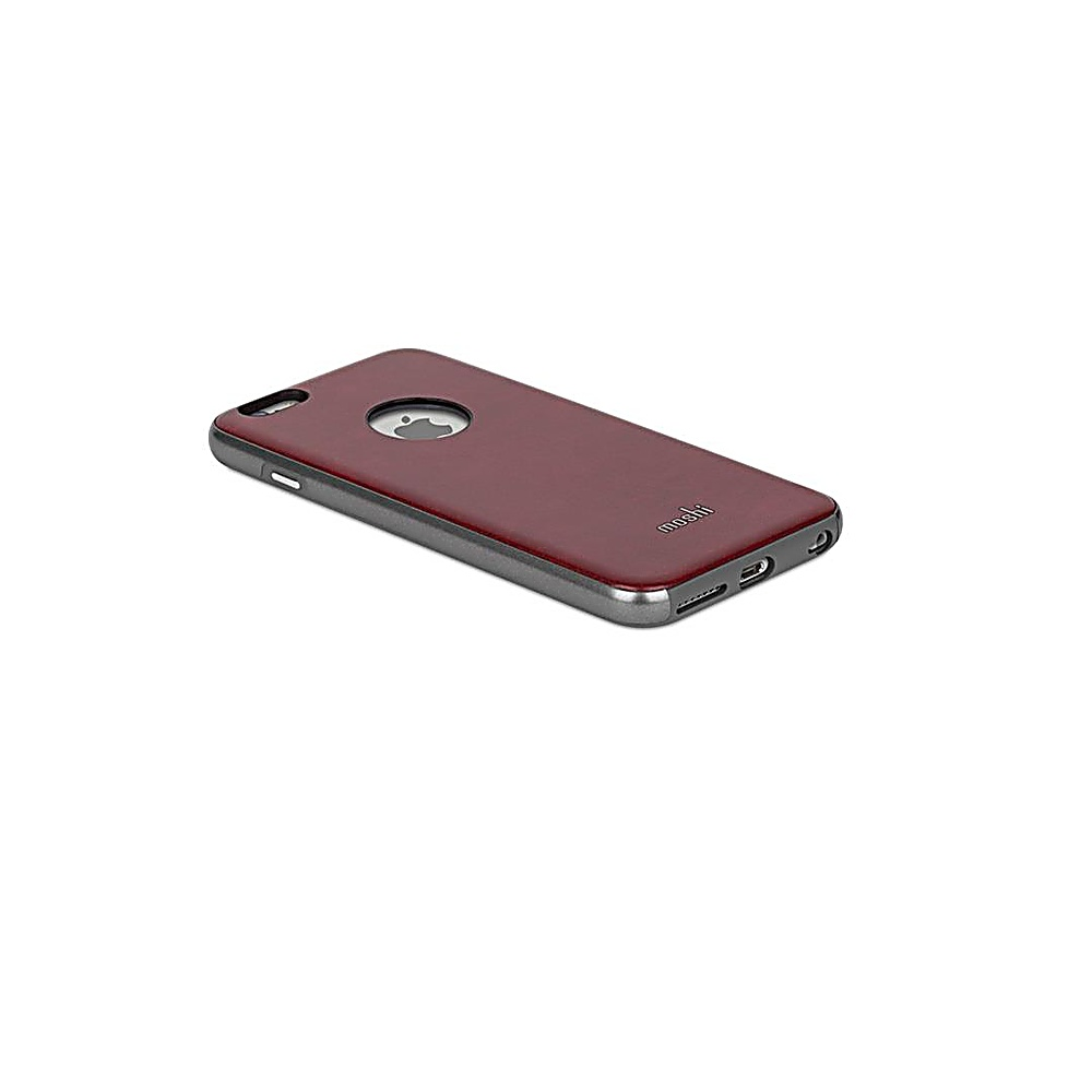 Custodia per telefono bordeaux. Logo Moshi. Bordo grigio. Sfondo bianco.