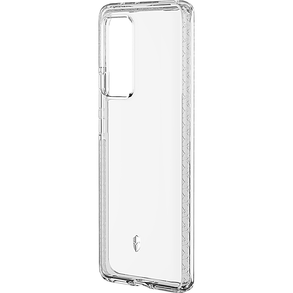 Una custodia trasparente per telefono con cornice nera e sfondo bianco. La custodia è vuota.