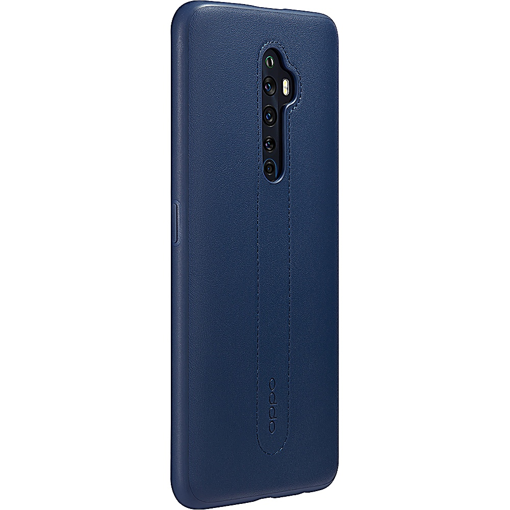 Una custodia per telefono blu scuro con un ritaglio per la fotocamera.