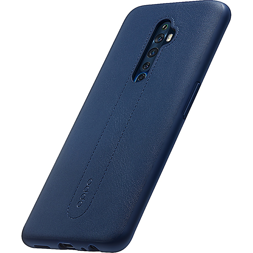 Custodia blu per telefono, vista angolata. Texture in pelle blu scuro, con il logo Oppo.