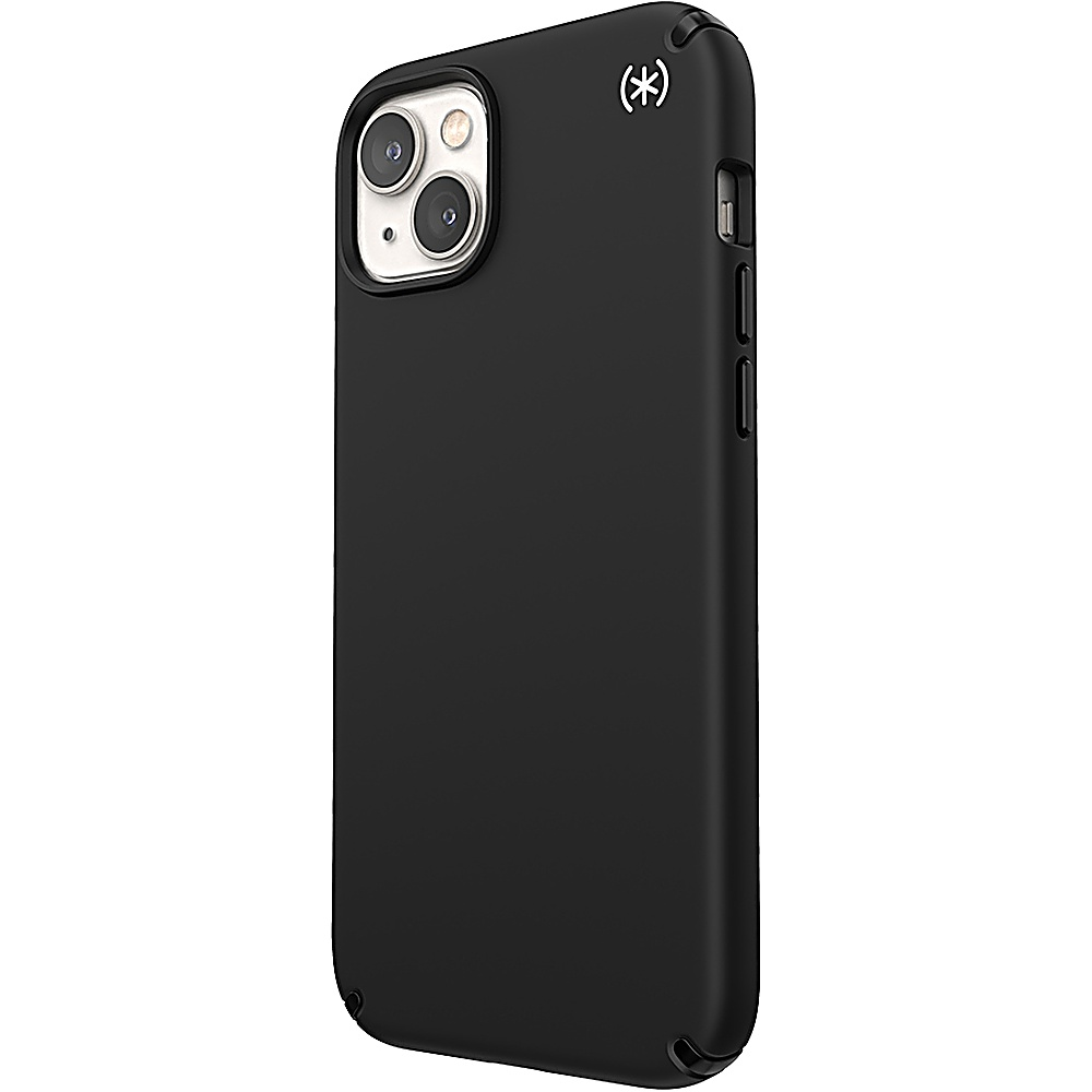 Custodia per telefono nera, con un ritaglio per la fotocamera e un logo nell'angolo in alto a destra.
