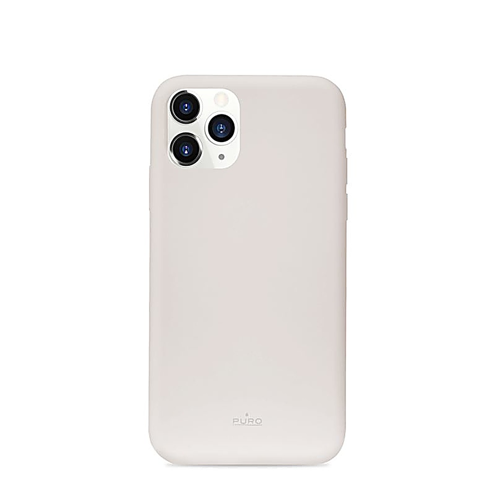 Custodia per telefono grigio chiaro con tre lenti della fotocamera e logo del marchio in basso.