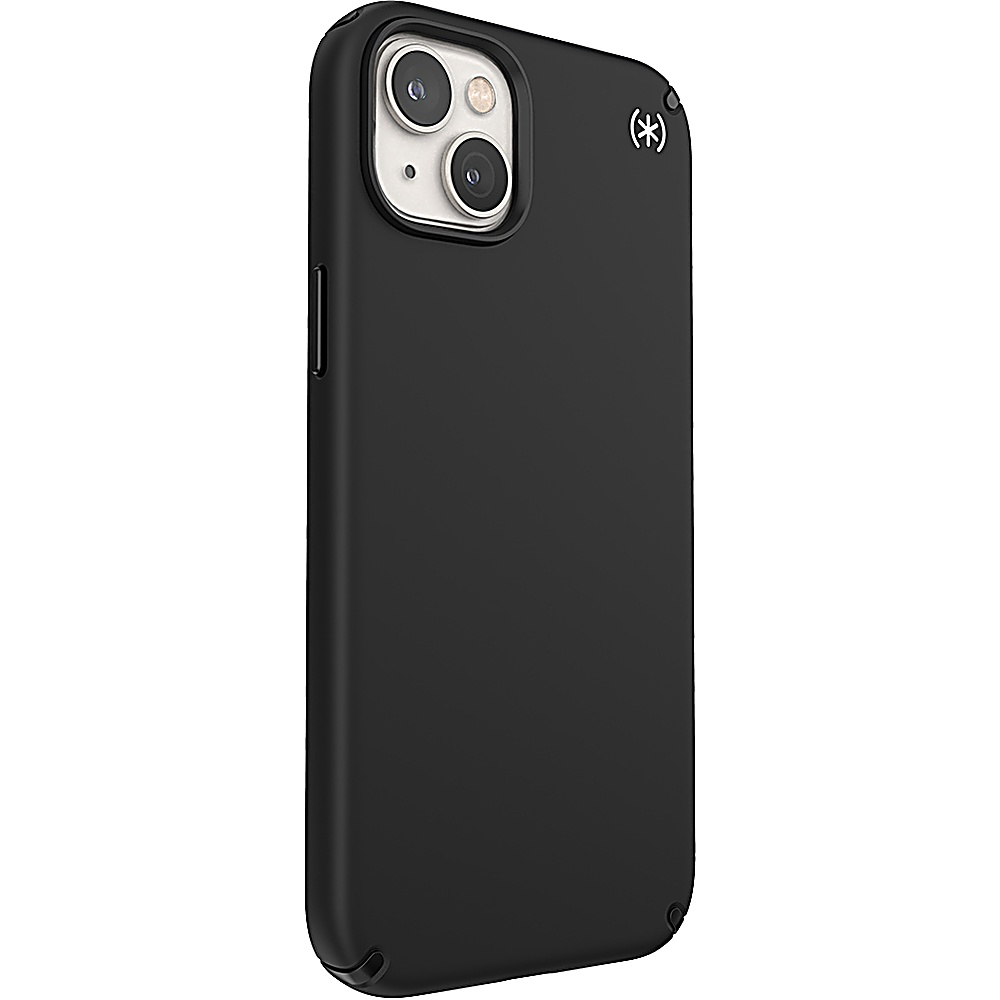 Custodia nera per telefono con tre fori per fotocamera. Piccolo logo nell'angolo in alto a destra.