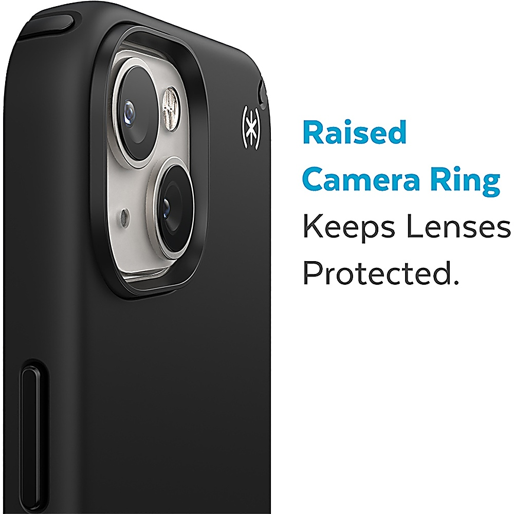 Custodia nera, primo piano dell'area della fotocamera, con testo: Anello fotocamera rialzato Protegge le lenti.