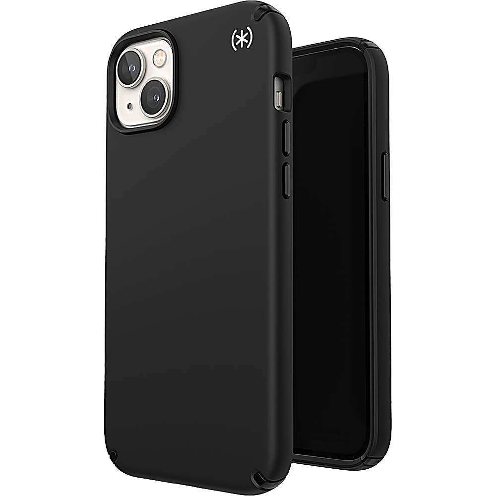 Custodia per telefono nera su sfondo bianco. Presenta un ritaglio per la fotocamera e il logo del marchio in bianco.