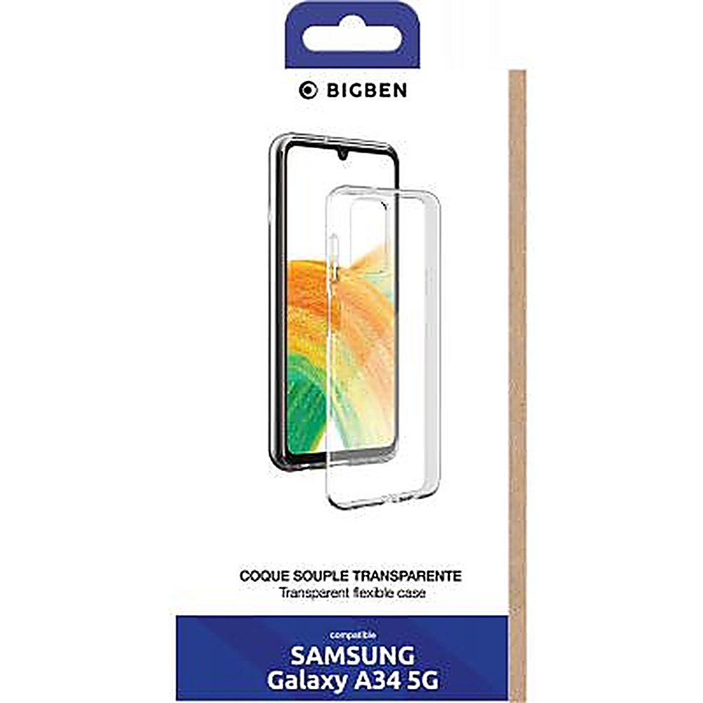 Custodia per telefono Samsung Galaxy A34 5G nella confezione. Custodia trasparente in mostra.