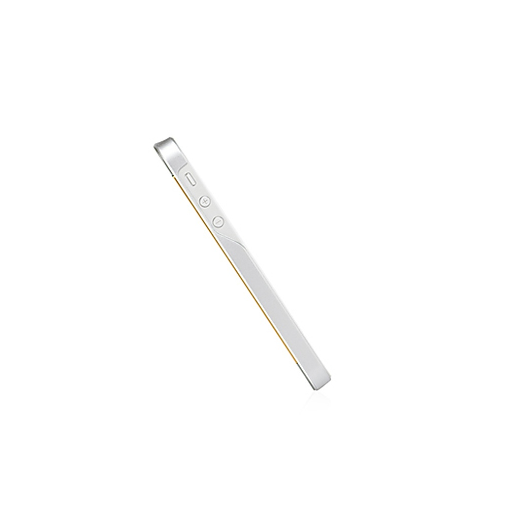 Profilo laterale di un telefono bianco su sfondo bianco. Il telefono ha pulsanti laterali.