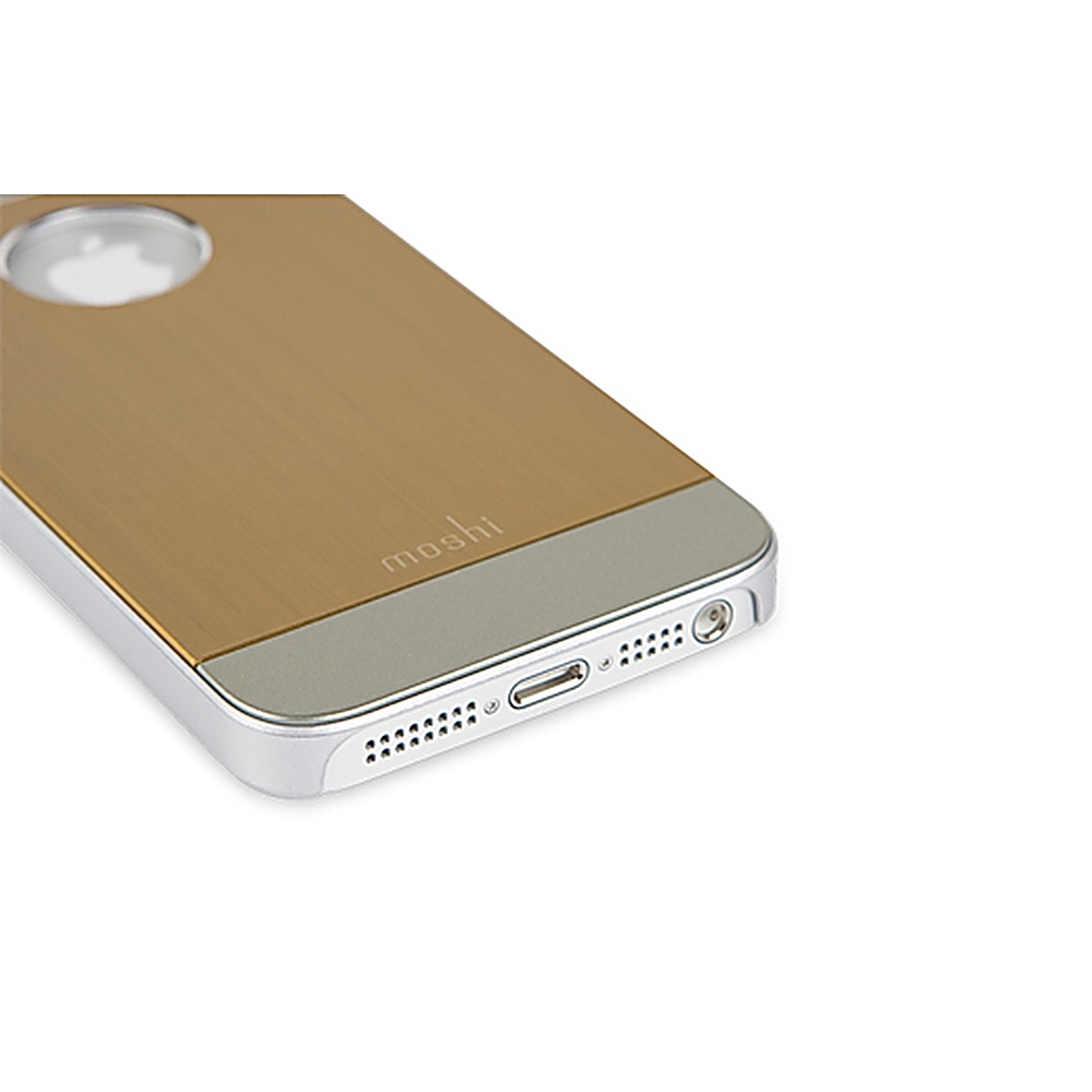 Custodia dorata per iPhone con parte inferiore argentata e apertura circolare per fotocamera.