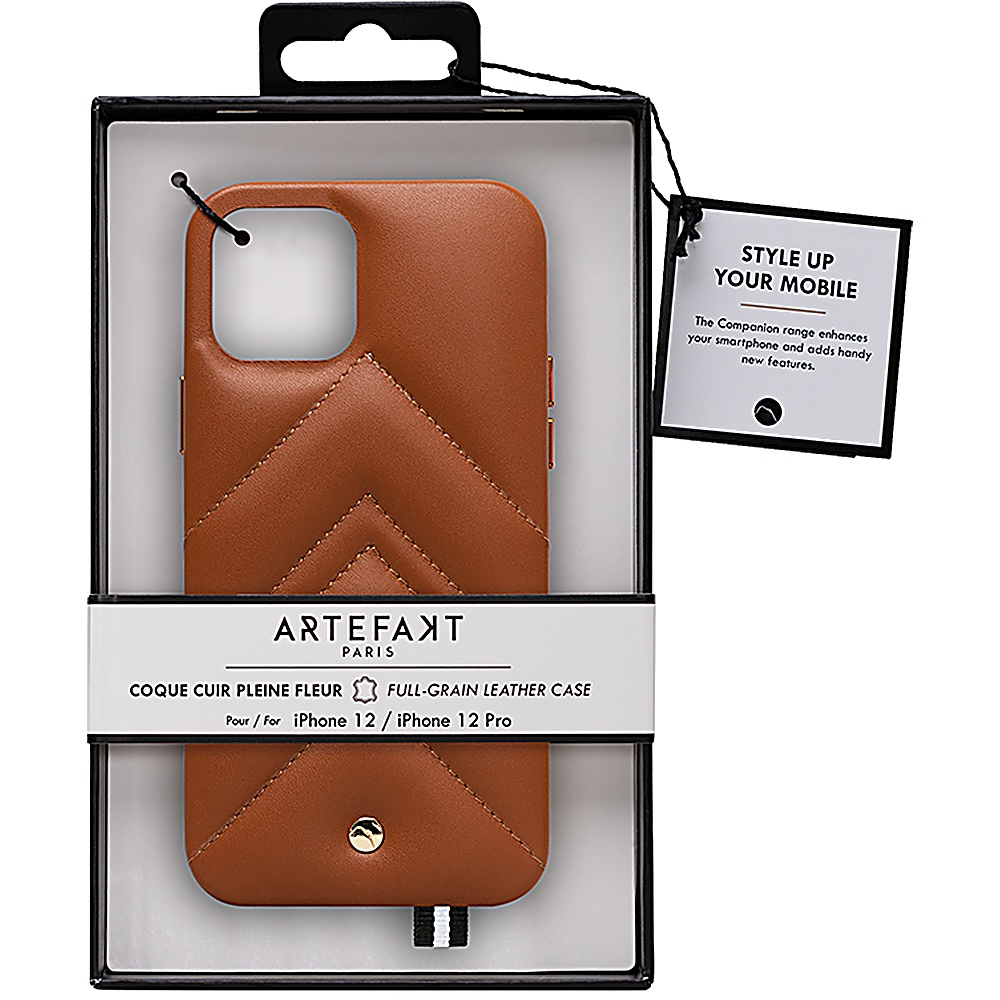 Custodia per telefono in pelle marrone in confezione con etichetta: "Style Up Your Mobile".